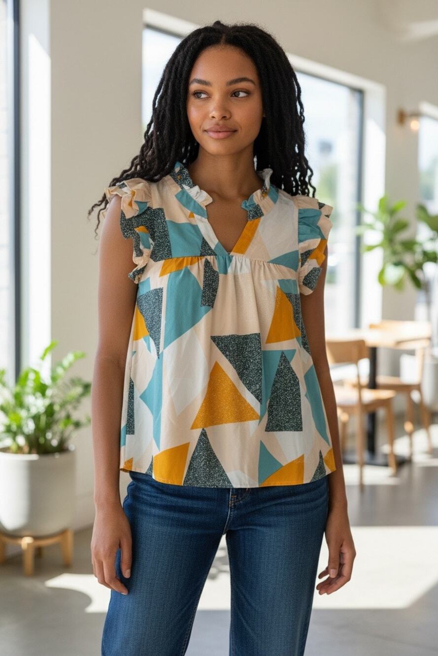 Entro Geometric‎ Print Ruffle Sleeve Babydoll Blouse Size Small Blue Mustard